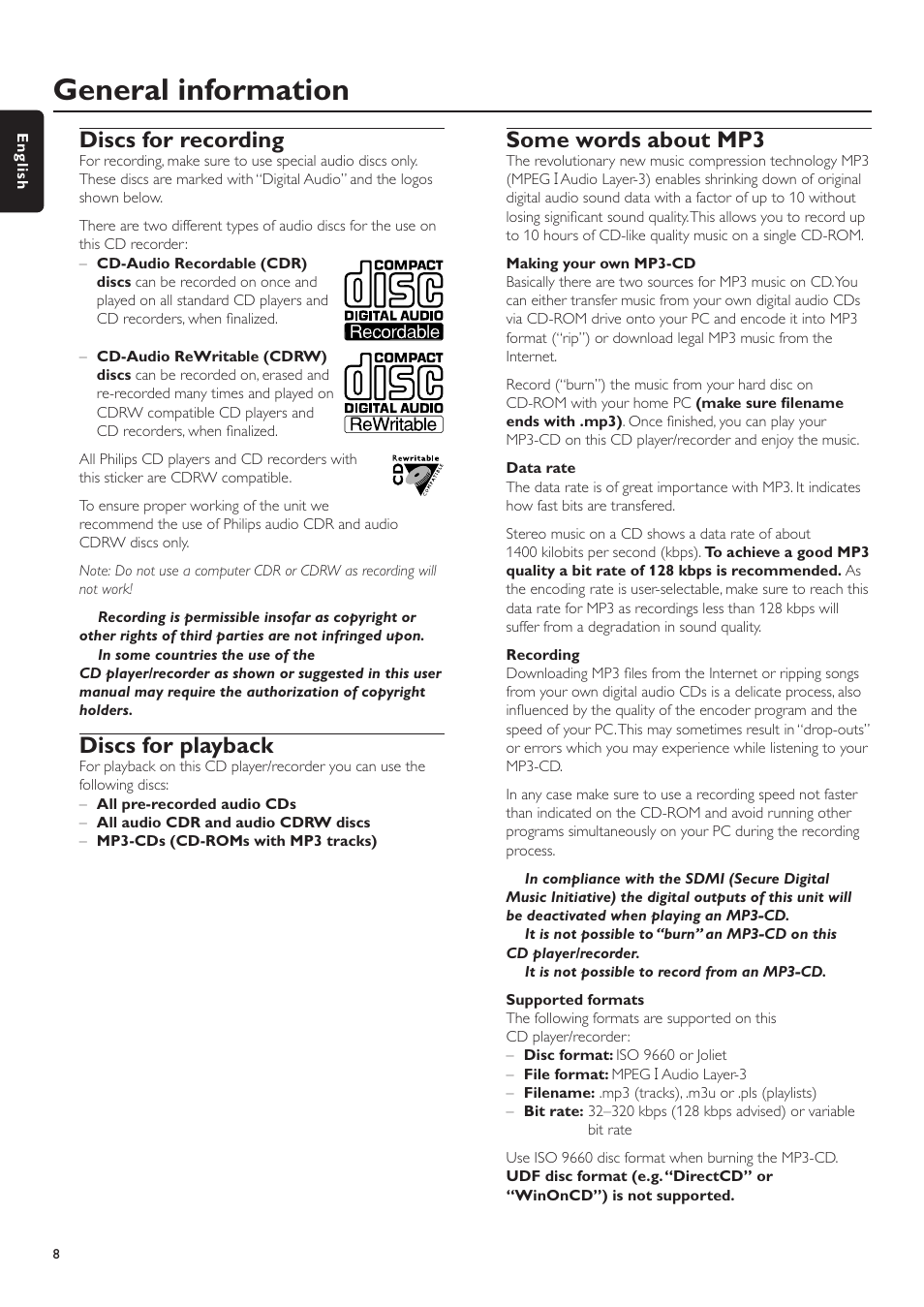 General information, Discs for recording, Discs for playback | Some words about mp3 | Philips CDR-795 User Manual | Page 8 / 72