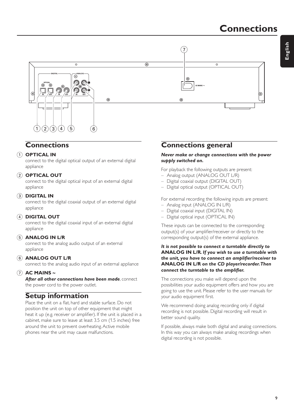 Connections, Setup information, Connections general | Philips CDR-795 User Manual | Page 9 / 72