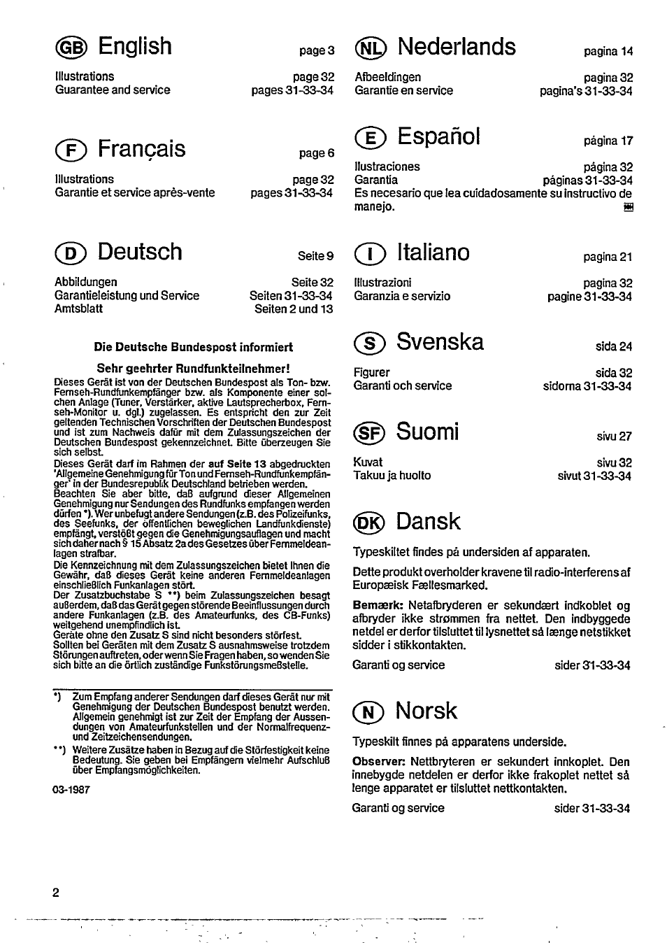 English, Nederlands, Français | D) español, Deutsch, X) italiano, S) svenska, Suomi s™27, Dansk, Ñ) norsk | Philips D 8289 User Manual | Page 2 / 10