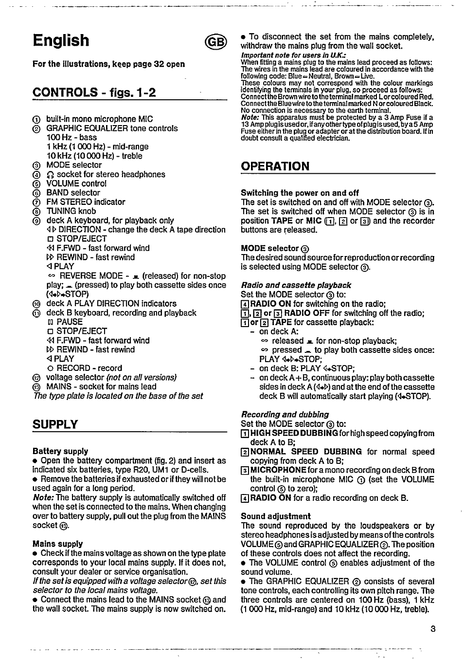 English, Controls-figs. 1-2, Supply | Operation | Philips D 8289 User Manual | Page 3 / 10