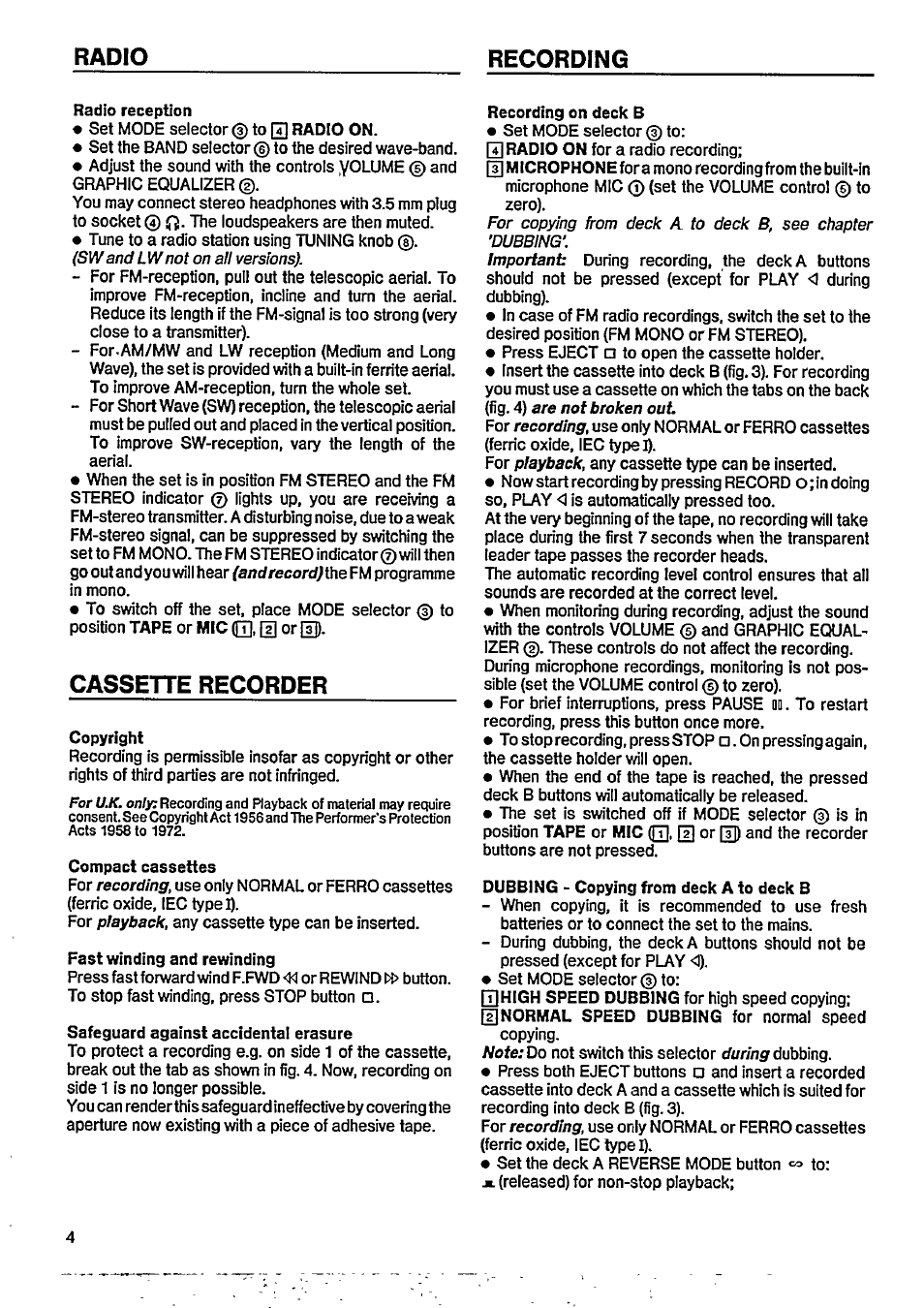 Cassette recorder, Radio recording | Philips D 8289 User Manual | Page 4 / 10