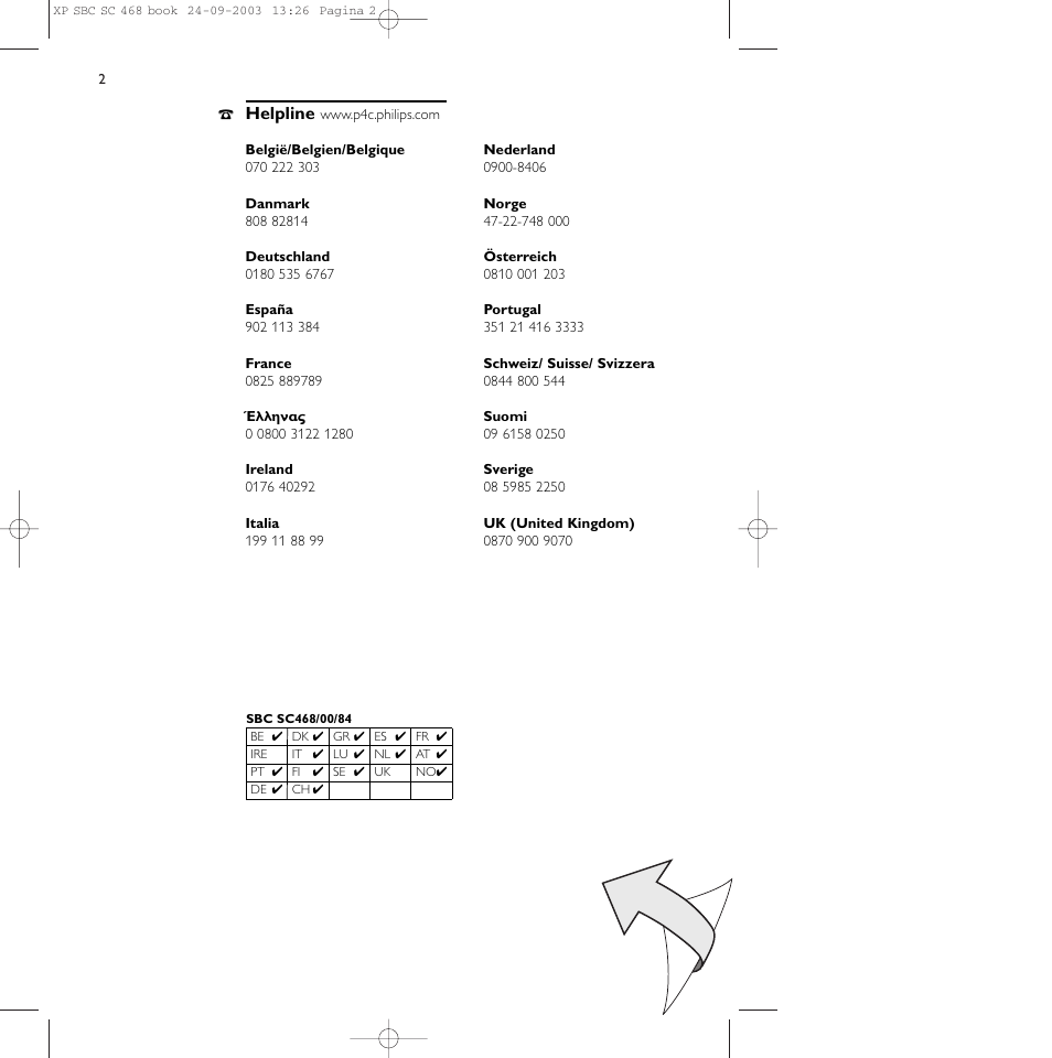 Helpline | Philips SC468 User Manual | Page 2 / 10