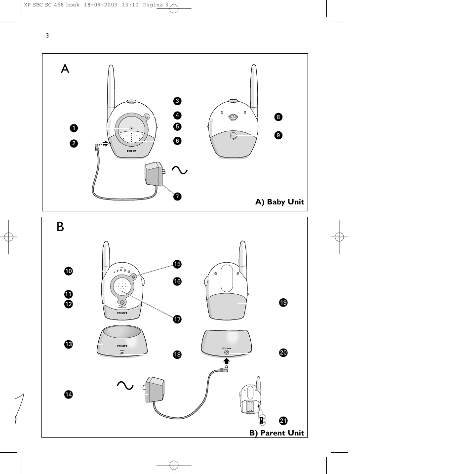 A) baby unit b) parent unit | Philips SC468 User Manual | Page 3 / 10