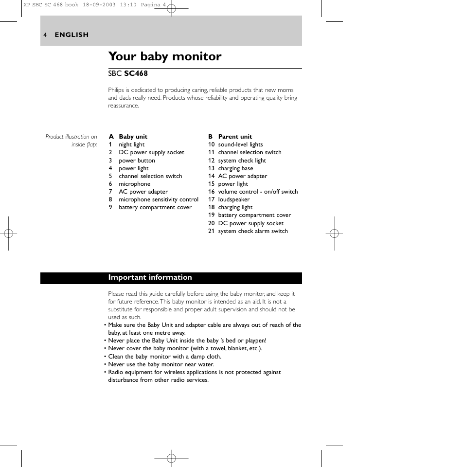 Your baby monitor | Philips SC468 User Manual | Page 4 / 10