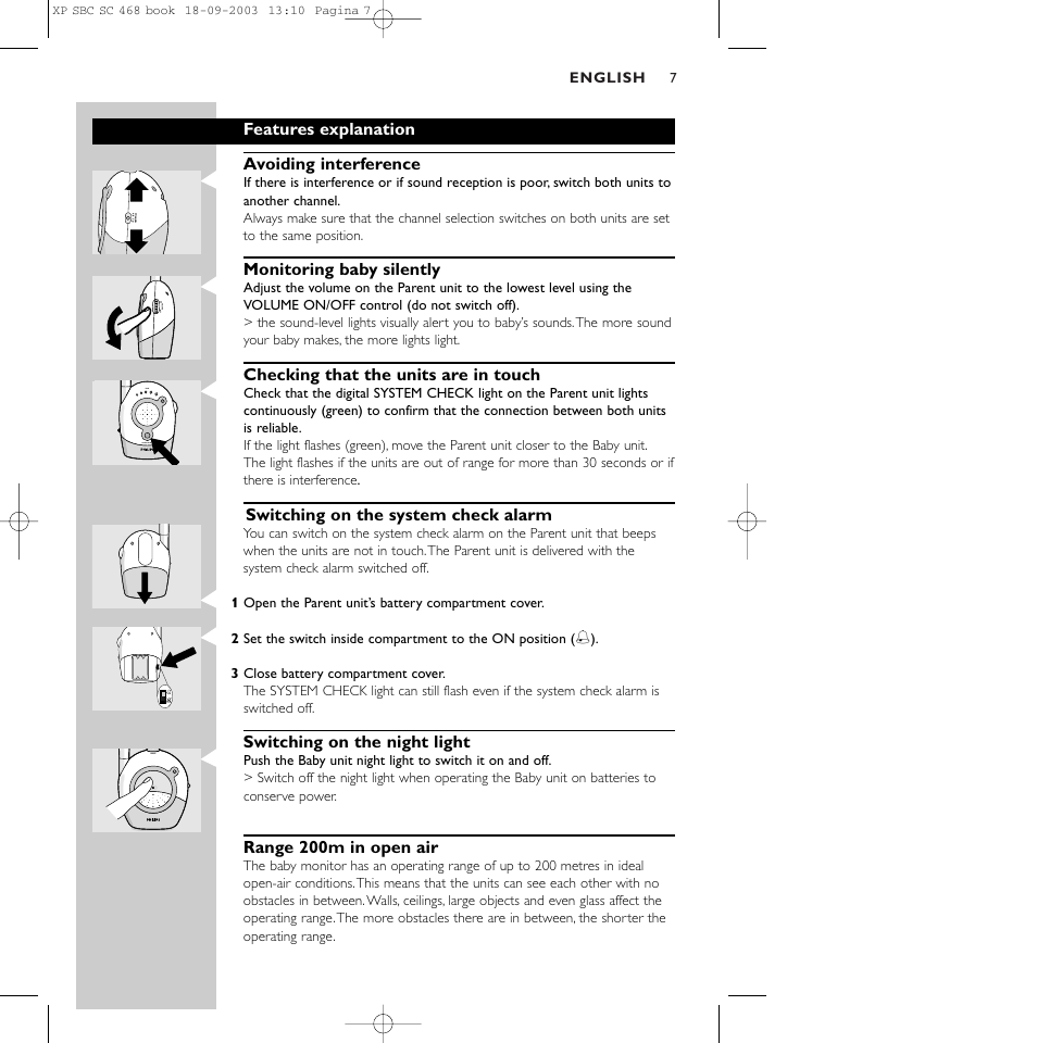 Features explanation avoiding interference, Monitoring baby silently, Checking that the units are in touch | Switching on the system check alarm, Switching on the night light, Range 200m in open air | Philips SC468 User Manual | Page 7 / 10