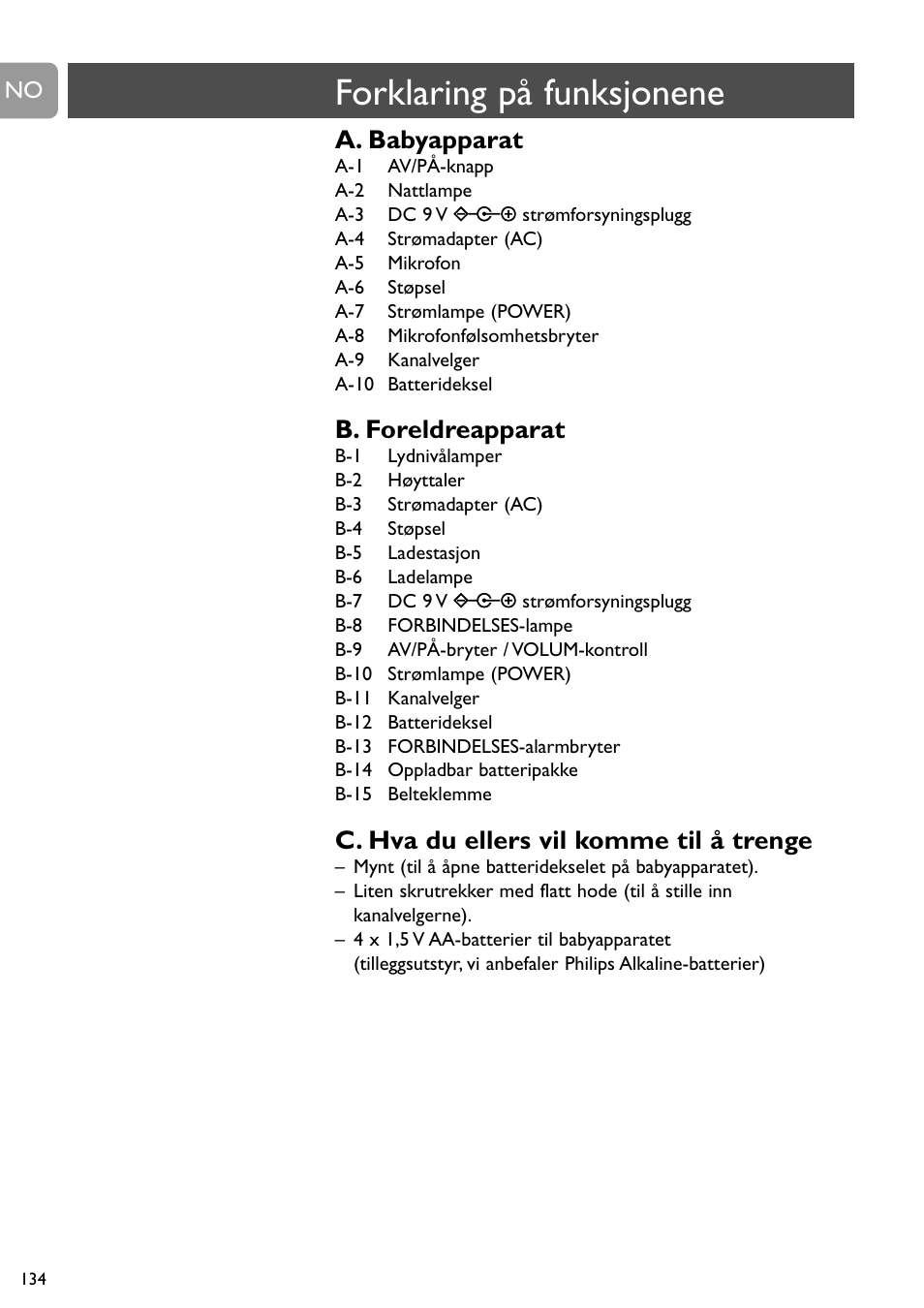 Forklaring på funksjonene, A. babyapparat, B. foreldreapparat | C. hva du ellers vil komme til å trenge | Philips SCD468 User Manual | Page 134 / 173