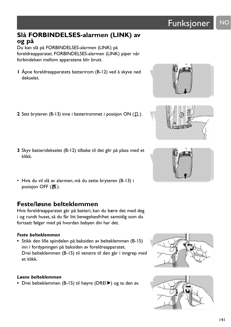 Funksjoner, Slå forbindelses-alarmen (link) av og på, Feste/løsne belteklemmen | Philips SCD468 User Manual | Page 141 / 173