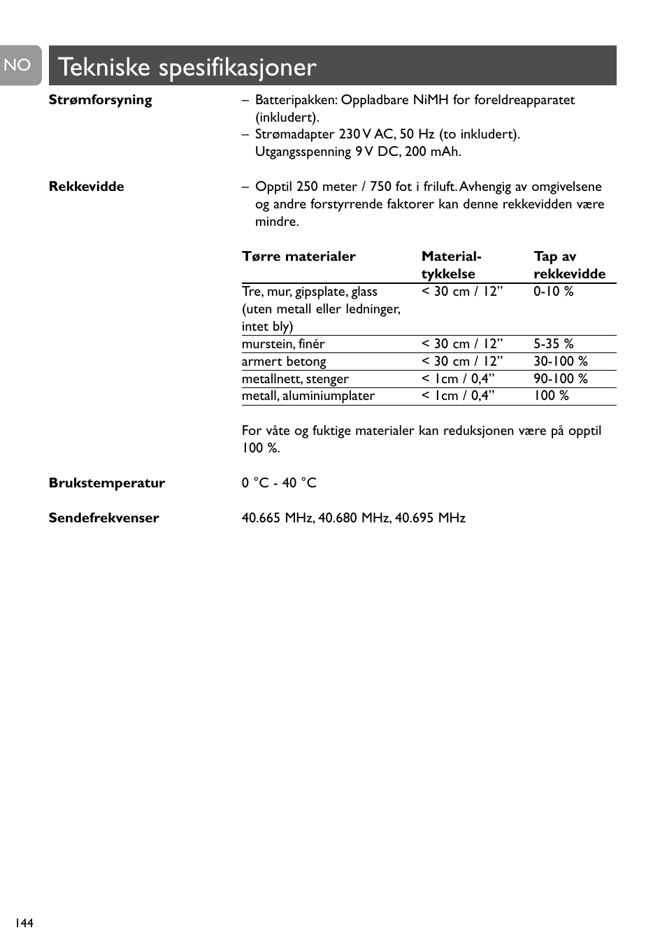 Tekniske spesifikasjoner | Philips SCD468 User Manual | Page 144 / 173