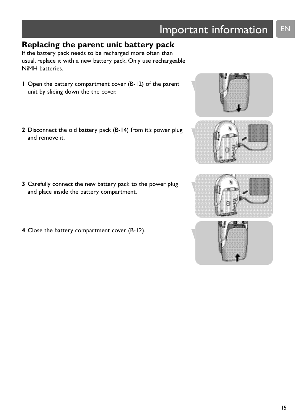 Important information, Replacing the parent unit battery pack | Philips SCD468 User Manual | Page 15 / 173