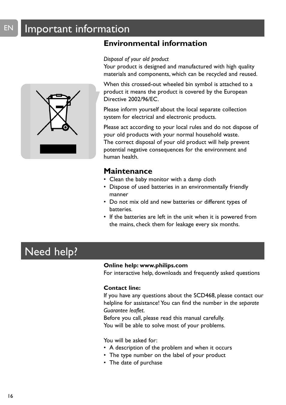 Important information, Need help, Environmental information | Maintenance | Philips SCD468 User Manual | Page 16 / 173