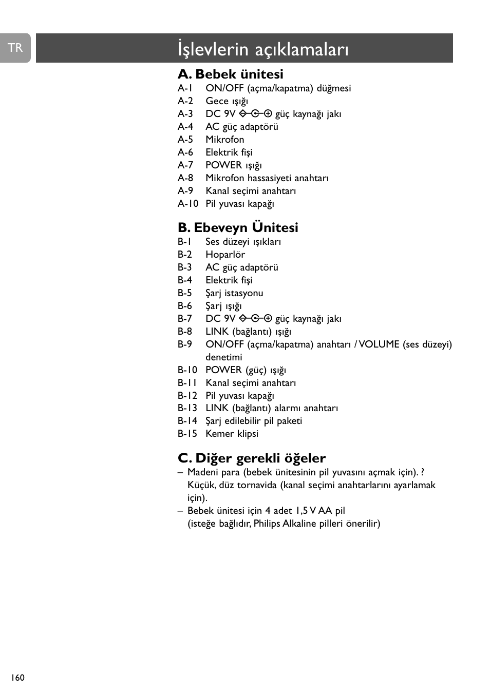 Işlevlerin açıklamaları, A. bebek ünitesi, B. ebeveyn ünitesi | C. diğer gerekli öğeler | Philips SCD468 User Manual | Page 160 / 173