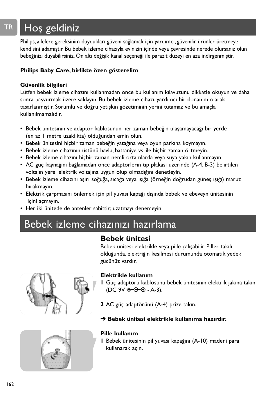 Hoş geldiniz, Bebek izleme cihazınızı hazırlama, Bebek ünitesi | Philips SCD468 User Manual | Page 162 / 173