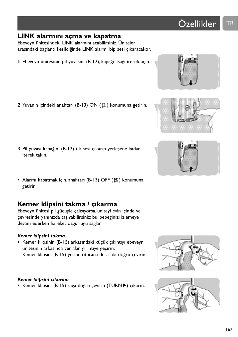 Özellikler, Link alarmını açma ve kapatma, Kemer klipsini takma / çıkarma | Philips SCD468 User Manual | Page 167 / 173