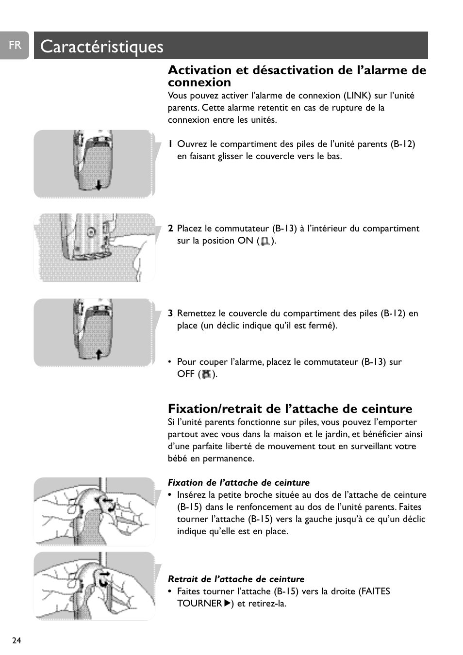 Caractéristiques, Fixation/retrait de l’attache de ceinture | Philips SCD468 User Manual | Page 24 / 173