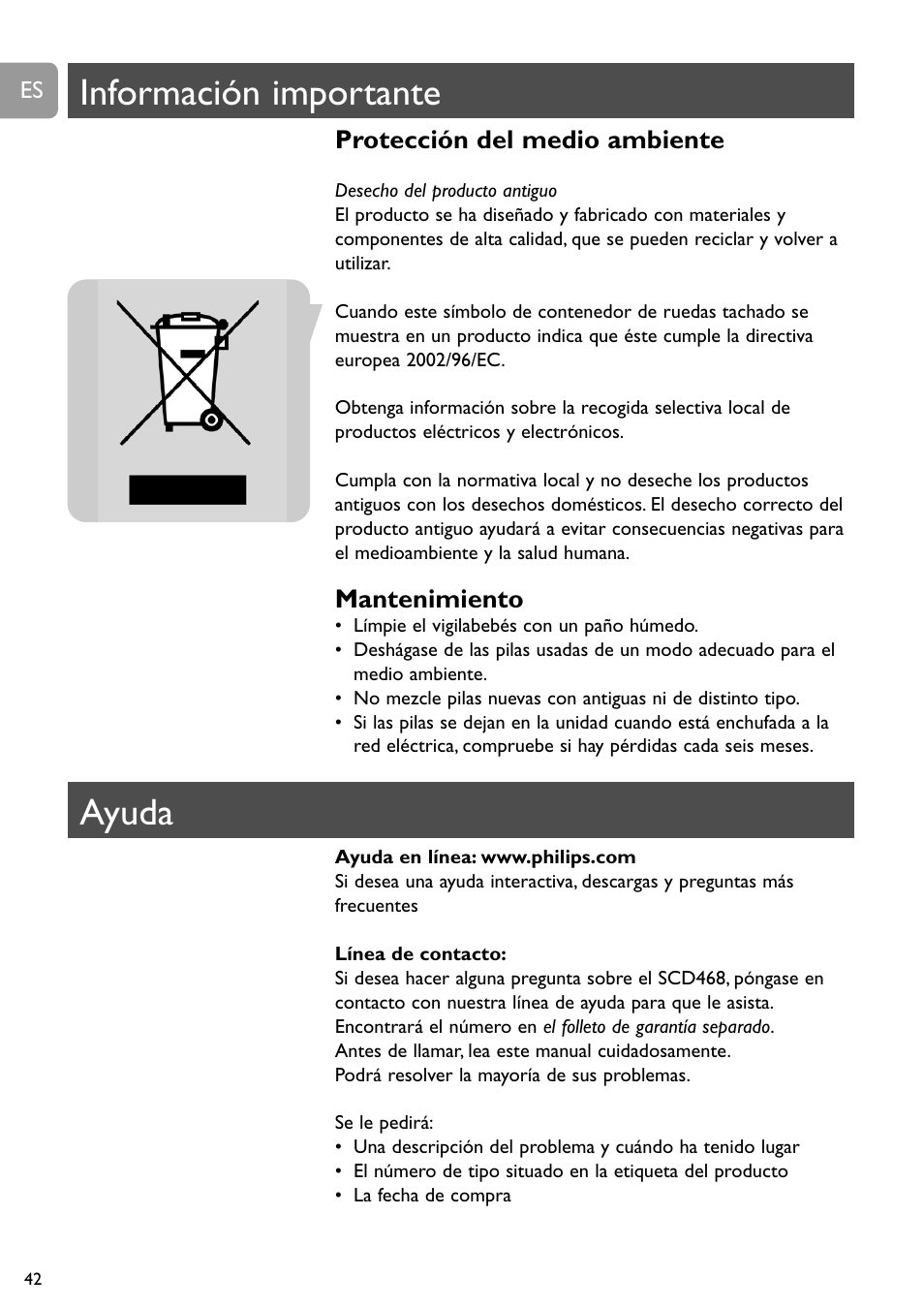 Información importante, Ayuda, Protección del medio ambiente | Mantenimiento | Philips SCD468 User Manual | Page 42 / 173