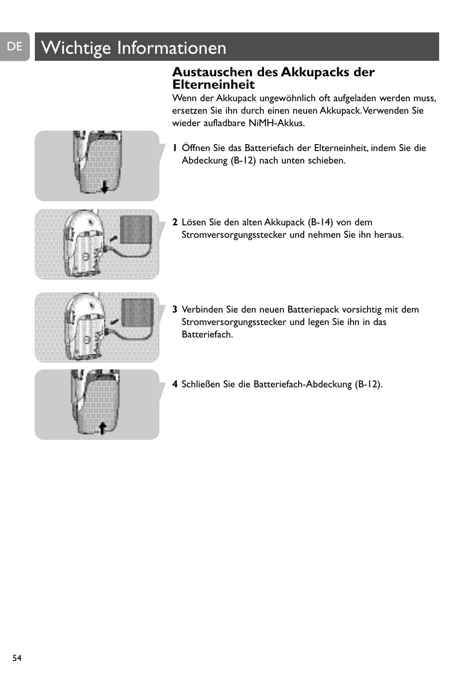 Wichtige informationen, Austauschen des akkupacks der elterneinheit | Philips SCD468 User Manual | Page 54 / 173