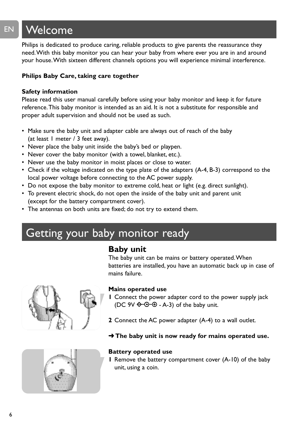 Welcome, Getting your baby monitor ready, Baby unit | Philips SCD468 User Manual | Page 6 / 173