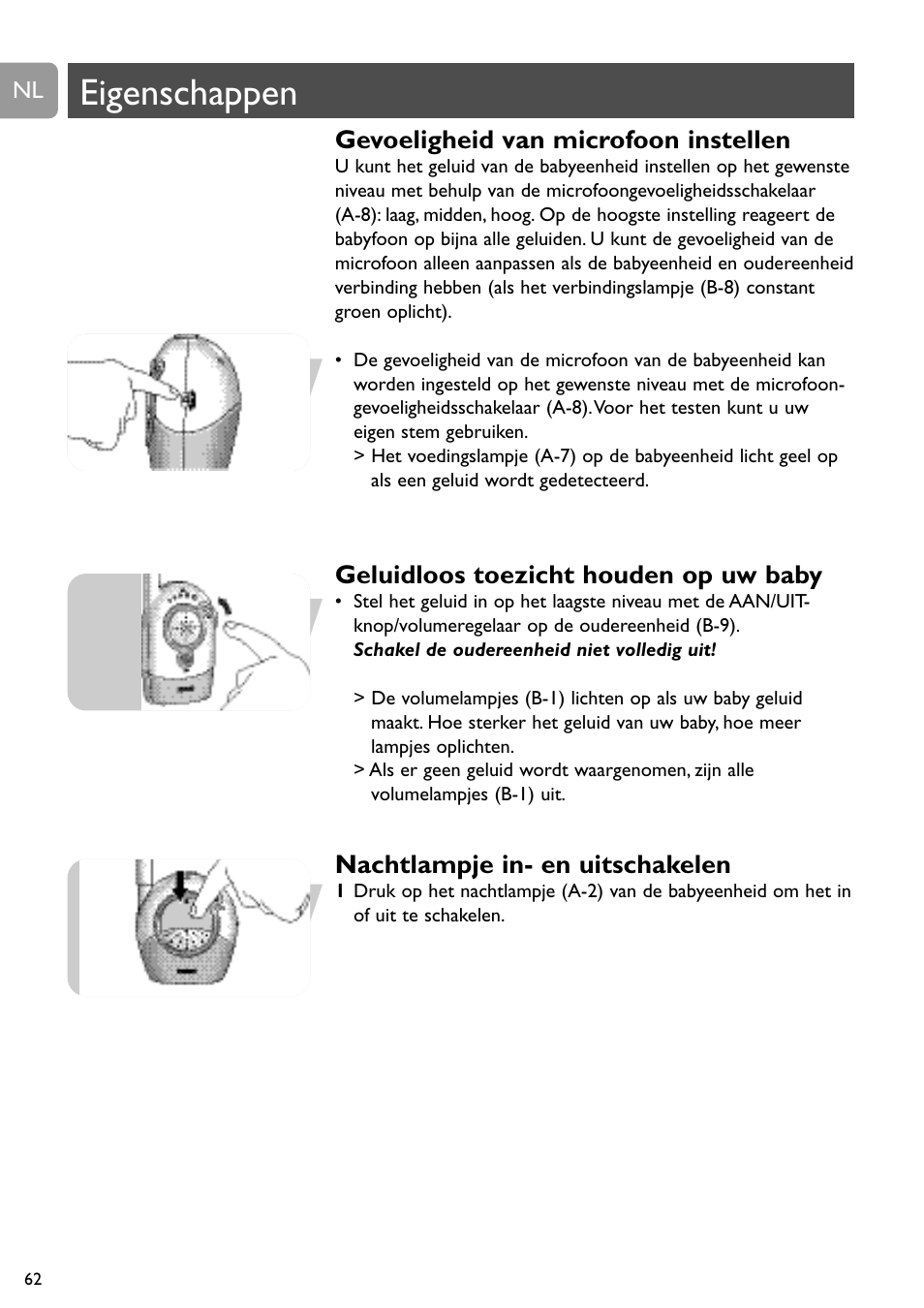 Eigenschappen, Gevoeligheid van microfoon instellen, Geluidloos toezicht houden op uw baby | Nachtlampje in- en uitschakelen | Philips SCD468 User Manual | Page 62 / 173