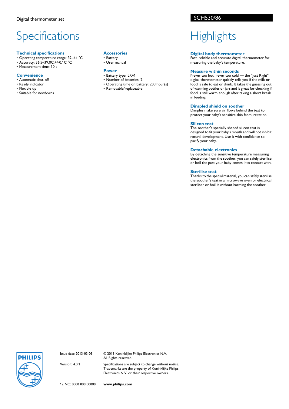 Specifications, Highlights | Philips SCH530/86 User Manual | Page 2 / 2