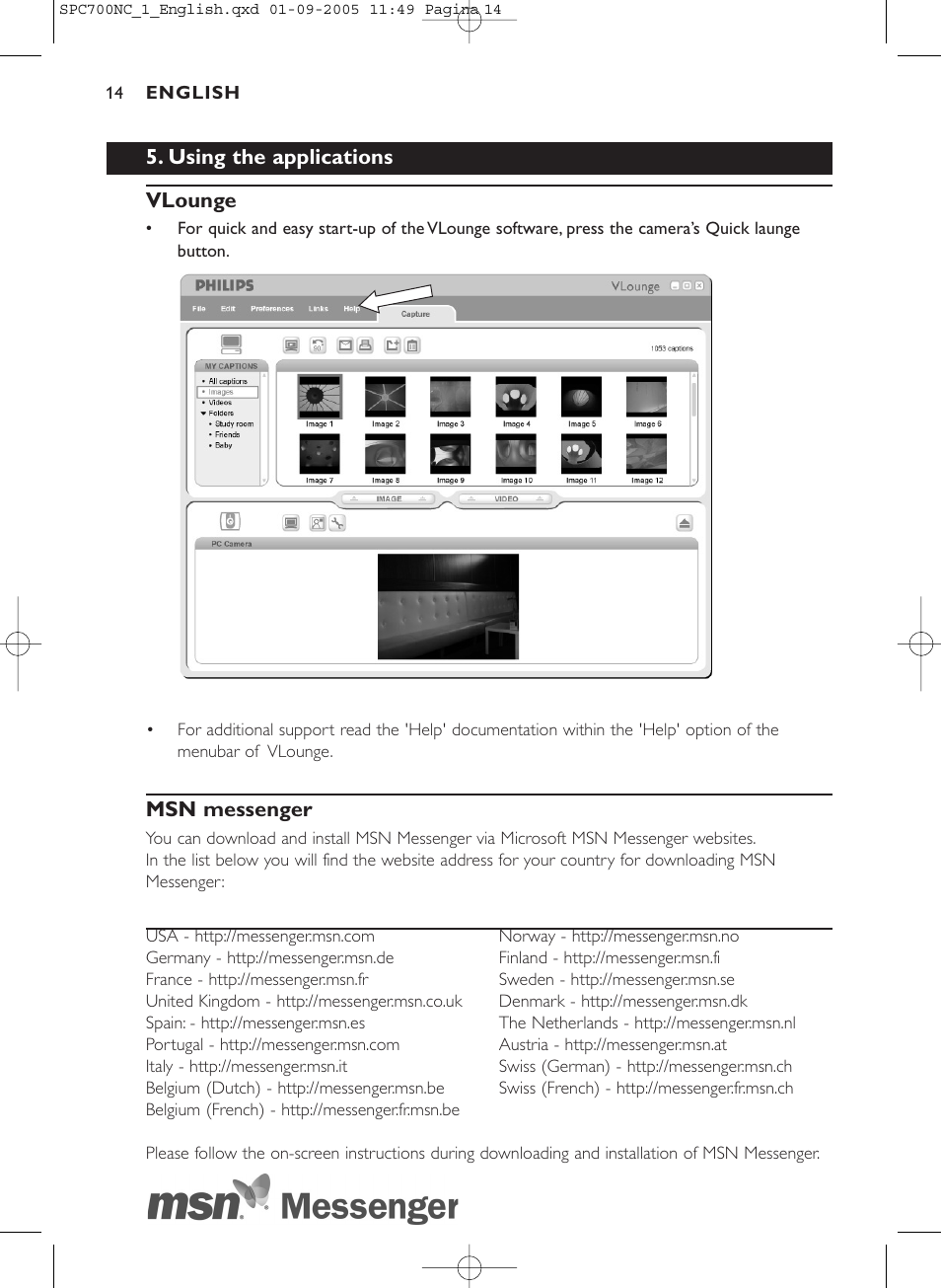 Using the applications vlounge, Msn messenger | Philips SPC 700NC User Manual | Page 14 / 22