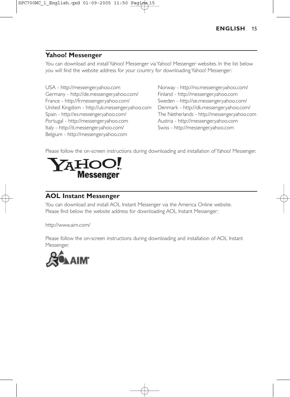 Yahoo! messenger, Aol instant messenger | Philips SPC 700NC User Manual | Page 15 / 22