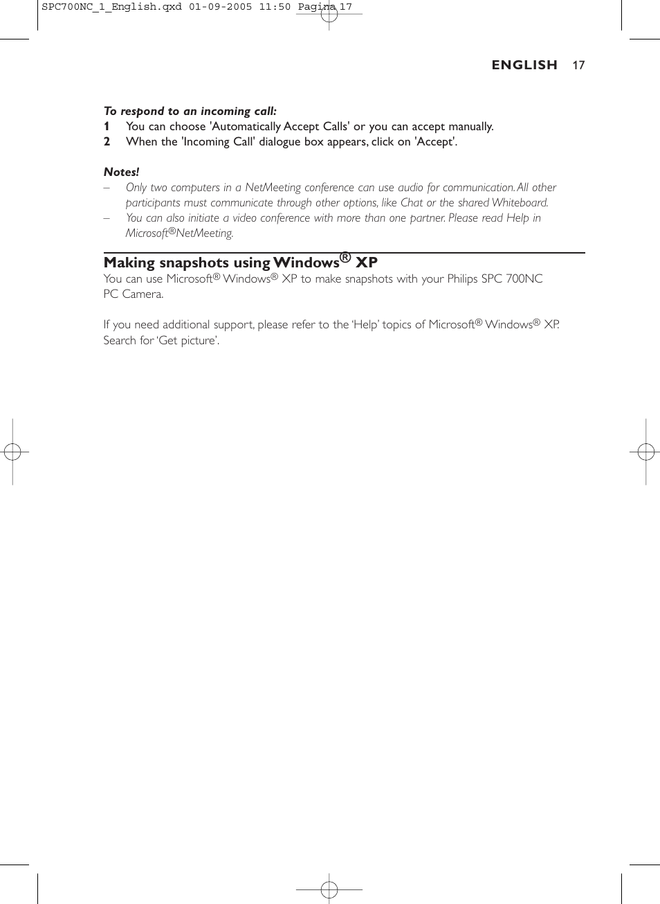 Making snapshots using windows® xp | Philips SPC 700NC User Manual | Page 17 / 22