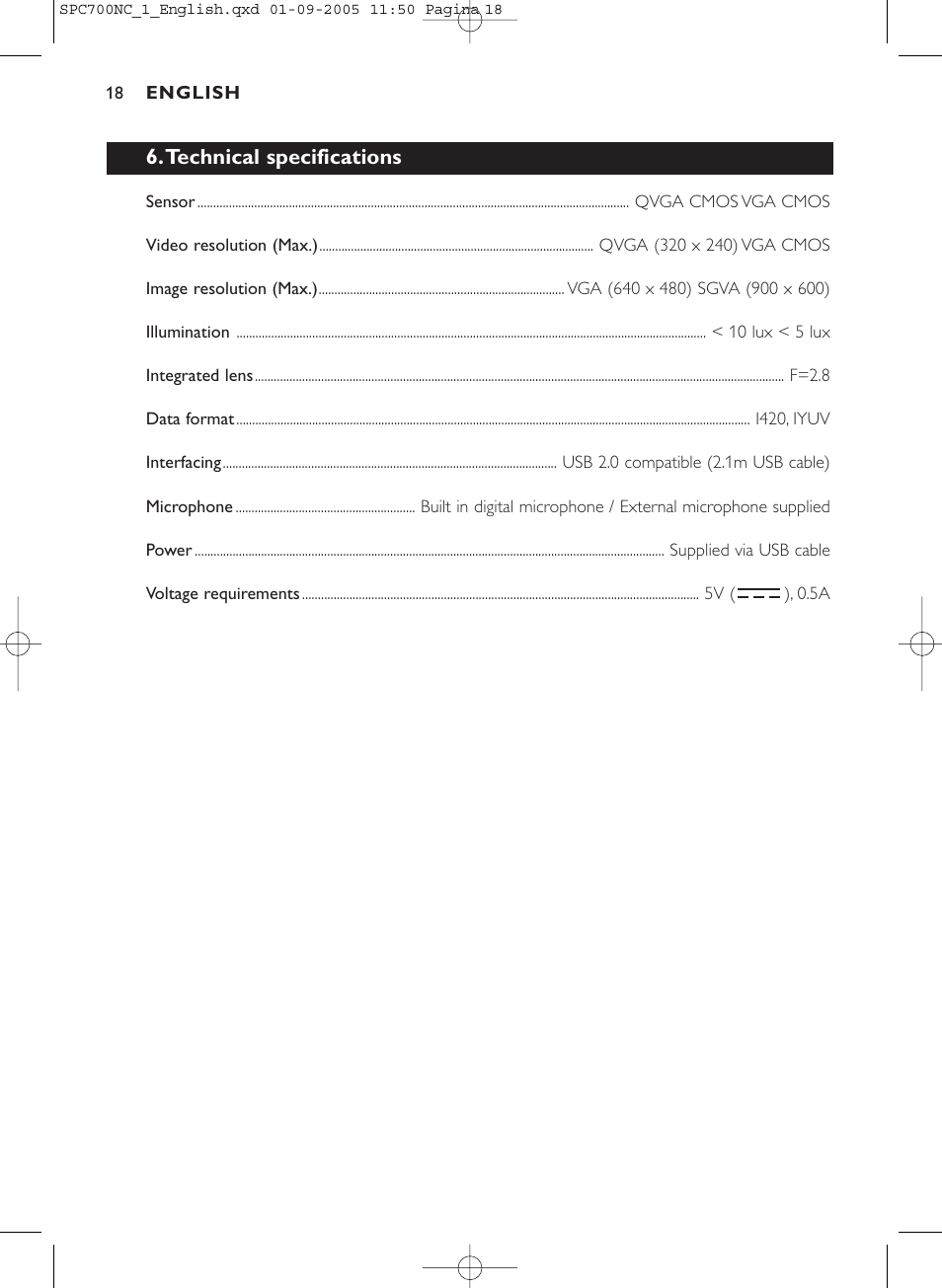 Technical specifications | Philips SPC 700NC User Manual | Page 18 / 22