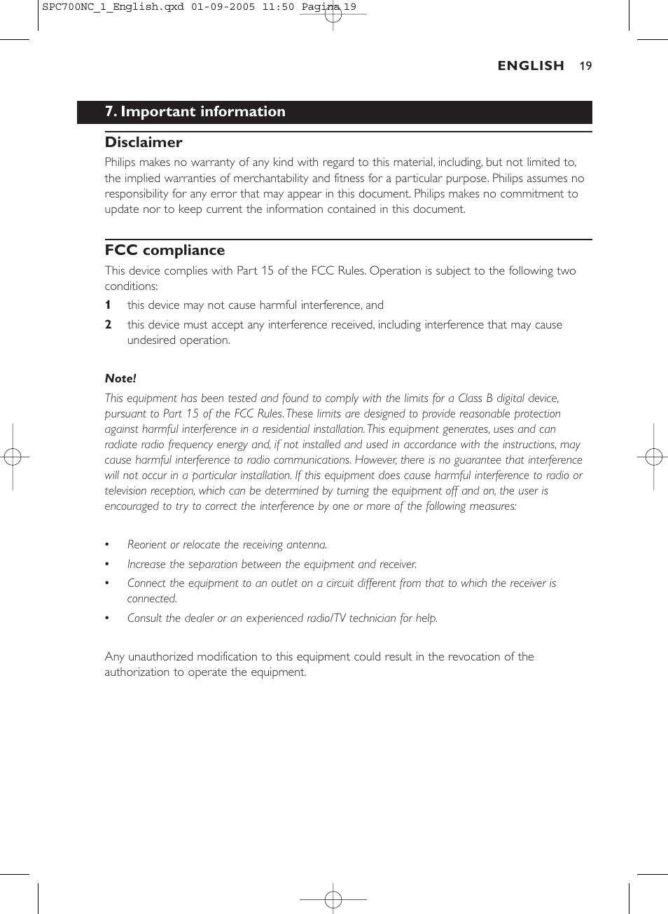 Important information disclaimer, Fcc compliance | Philips SPC 700NC User Manual | Page 19 / 22