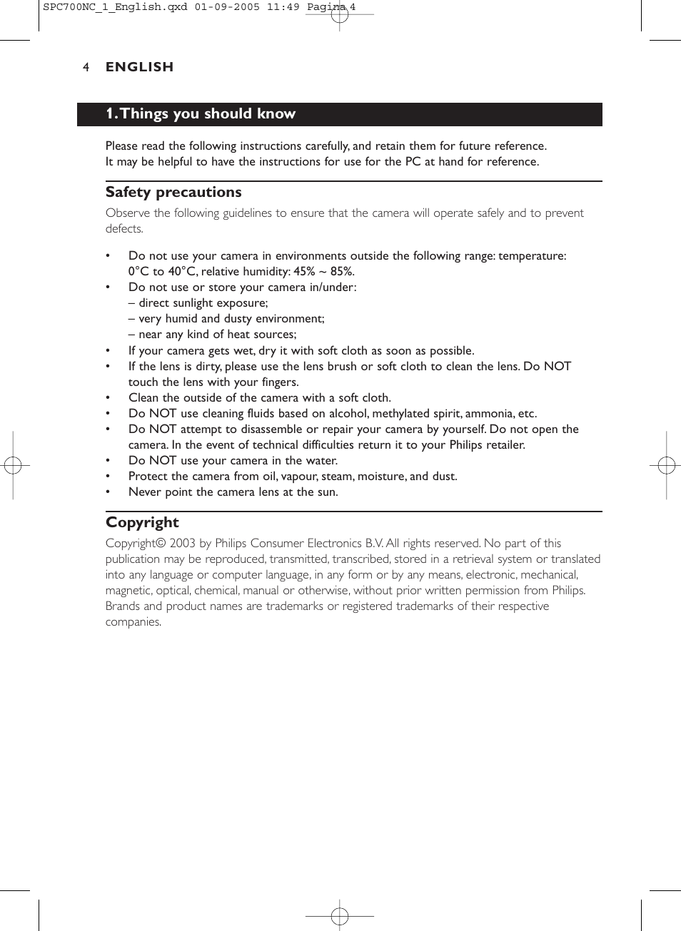 Things you should know, Safety precautions, Copyright | Philips SPC 700NC User Manual | Page 4 / 22