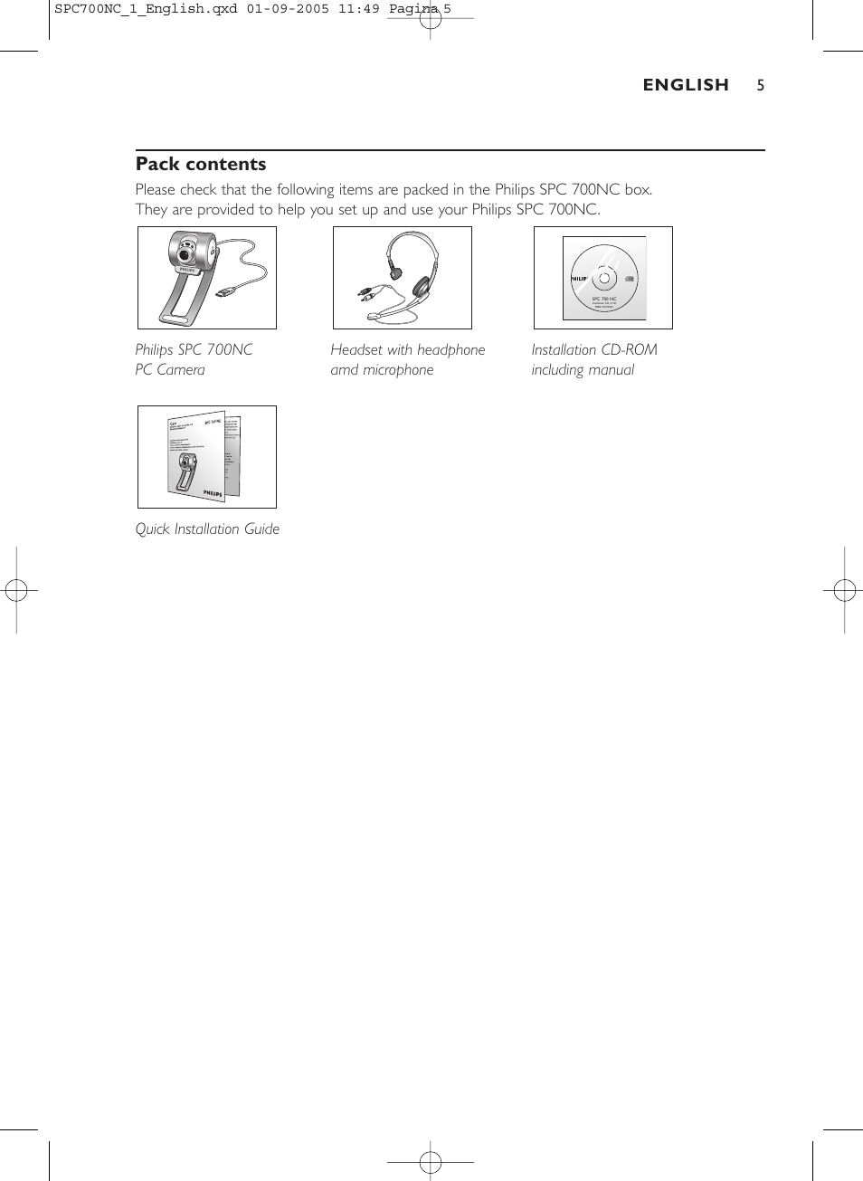 Pack contents, English | Philips SPC 700NC User Manual | Page 5 / 22