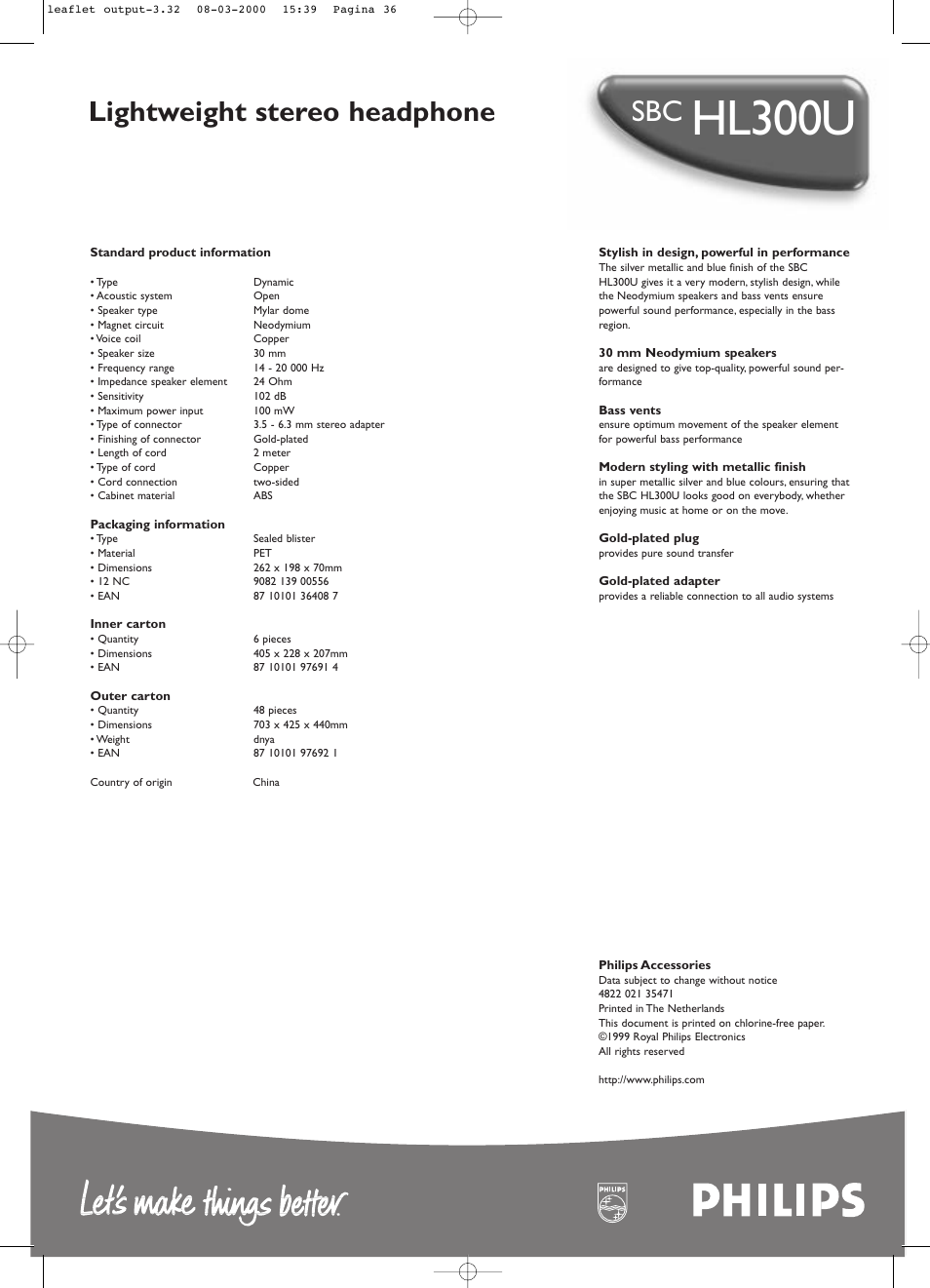 Hl300u, Lightweight stereo headphone | Philips SBCHL300 User Manual | Page 2 / 2