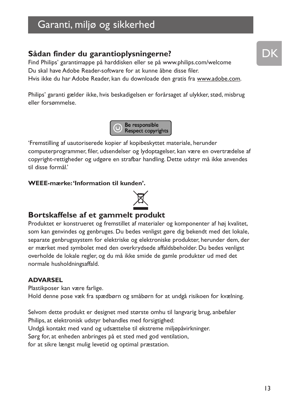 Garanti, miljø og sikkerhed | Philips SPE2015 User Manual | Page 13 / 16