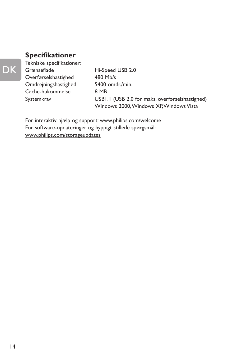 Specifikationer | Philips SPE2015 User Manual | Page 14 / 16