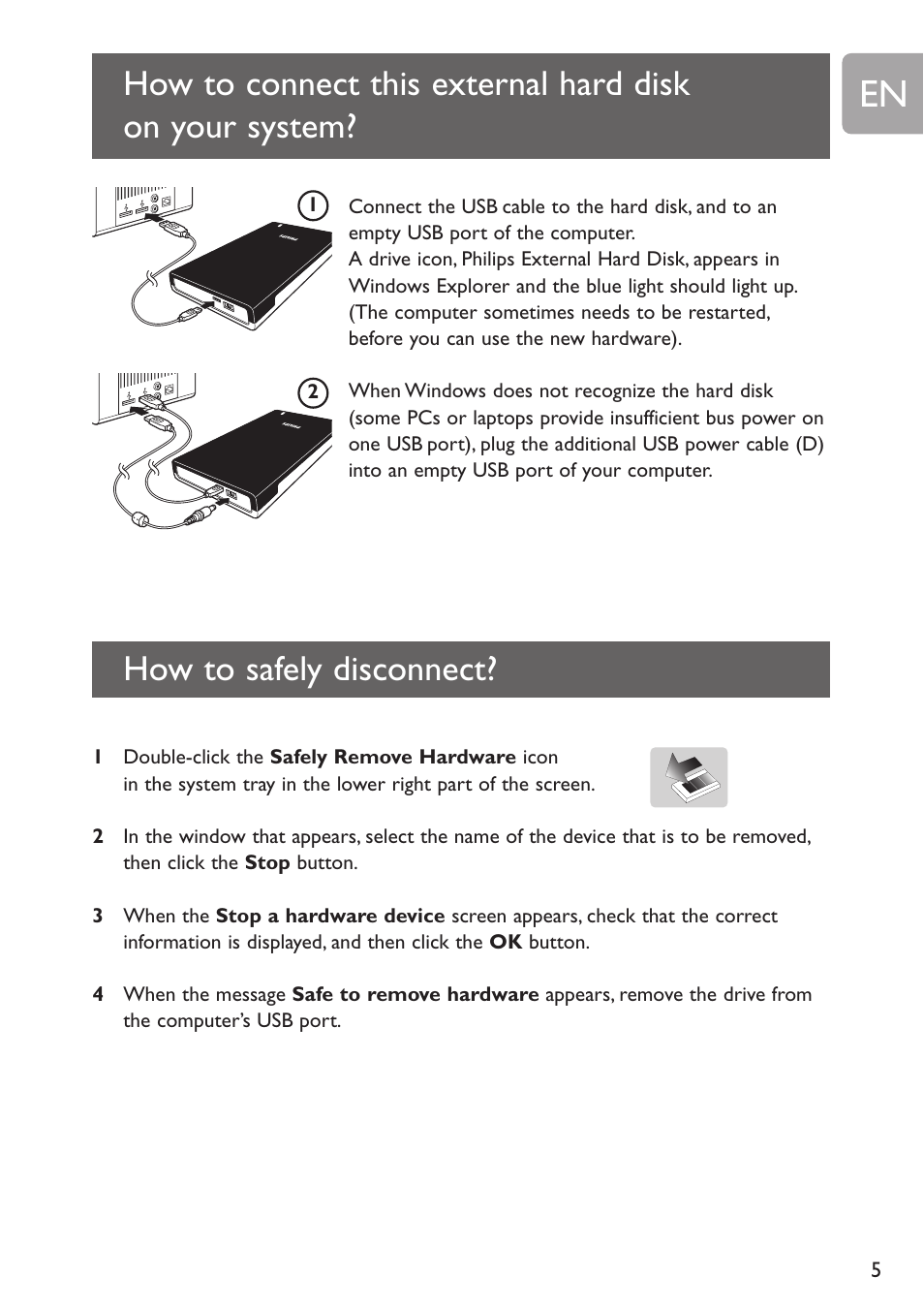 How to safely disconnect | Philips SPE2015 User Manual | Page 5 / 16