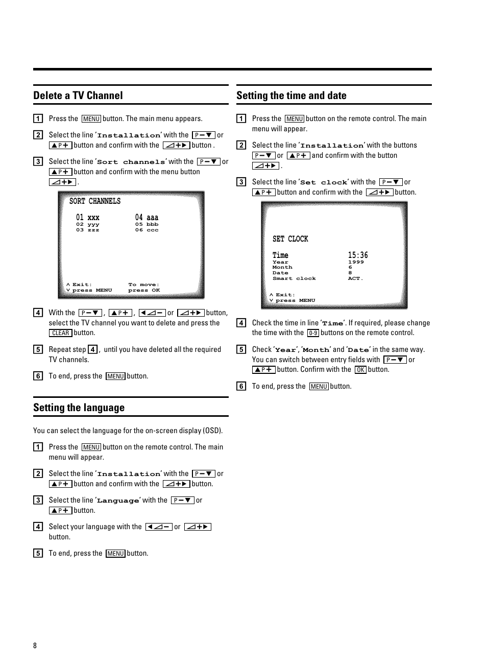 Delete a tv channel, Setting the language, Setting the time and date | Philips 14PV207 User Manual | Page 10 / 24