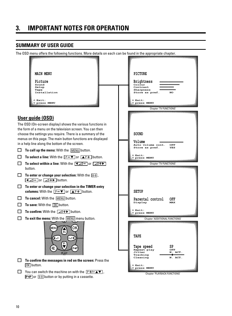 Important notes for operation, Summary of user guide, User guide (osd) | Philips 14PV207 User Manual | Page 12 / 24