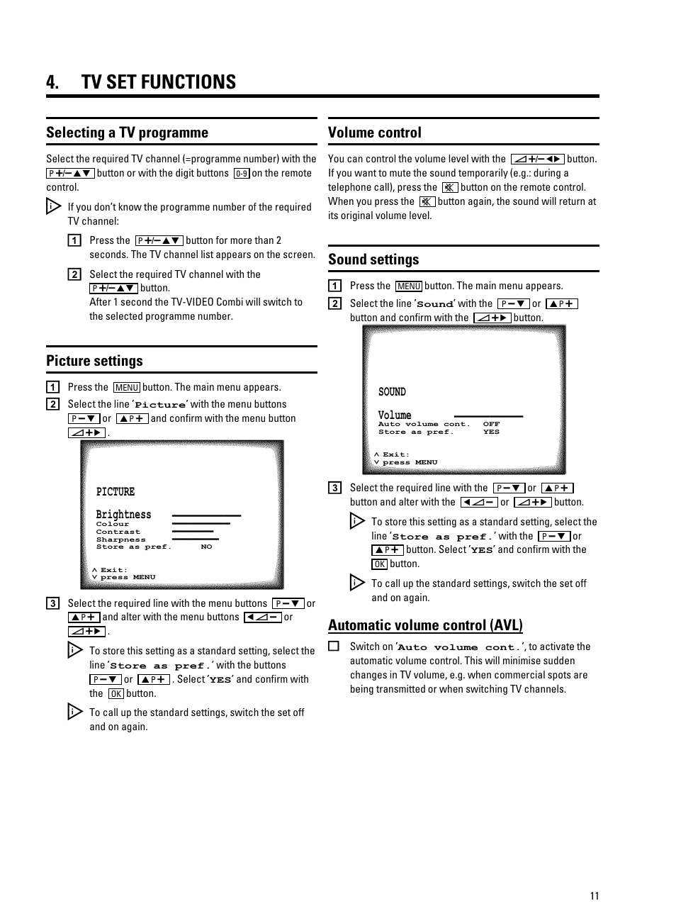 Tv set functions, Selecting a tv programme, Automatic volume control (avl) | Picture settings, Volume control, Sound settings | Philips 14PV207 User Manual | Page 13 / 24