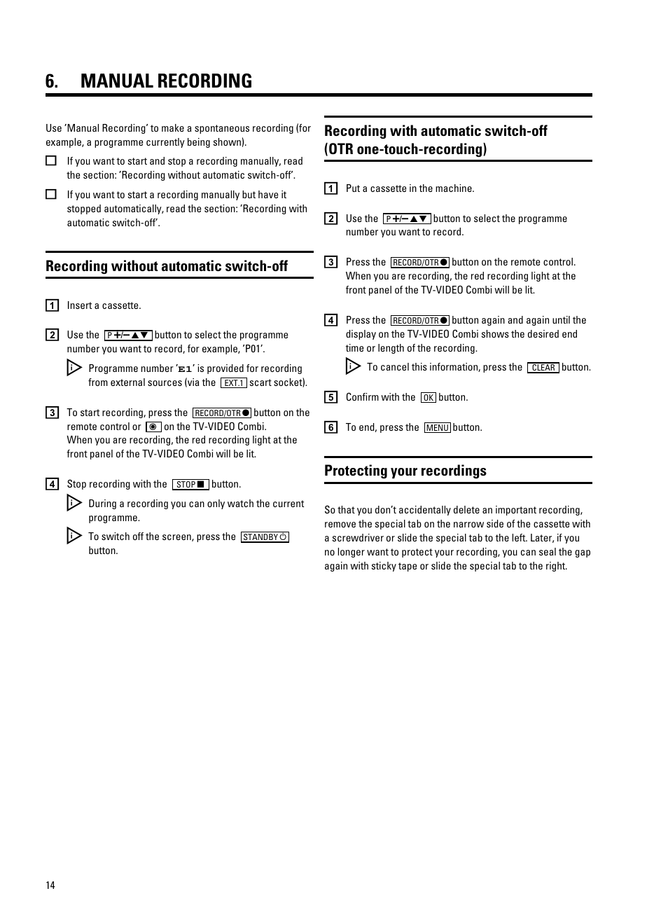 Manual recording, Recording without automatic switch-off, Protecting your recordings | Philips 14PV207 User Manual | Page 16 / 24