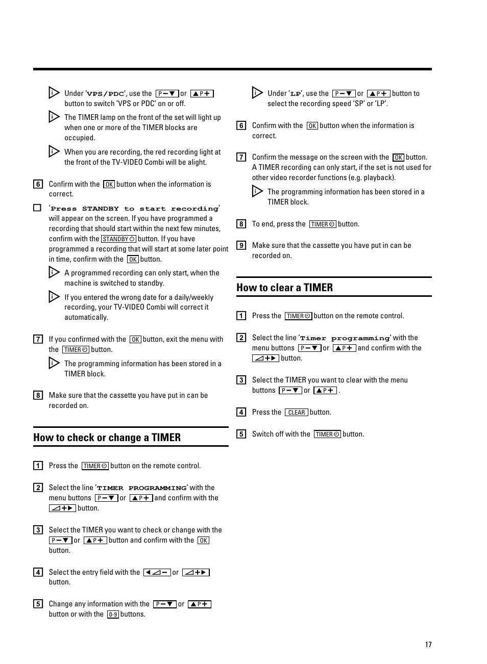 How to check or change a timer, How to clear a timer | Philips 14PV207 User Manual | Page 19 / 24