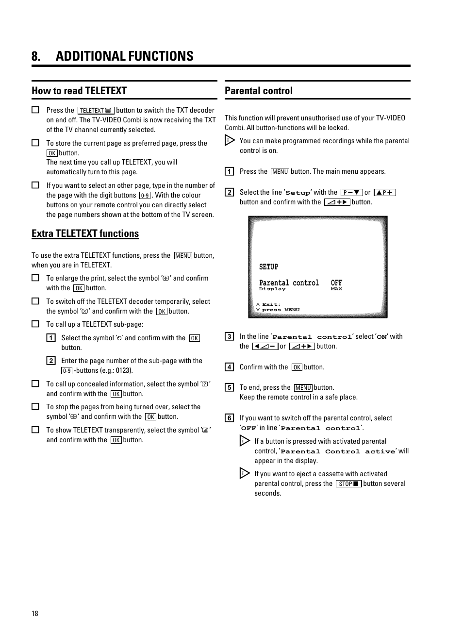 Additional functions, How to read teletext, Parental control | Extra teletext functions | Philips 14PV207 User Manual | Page 20 / 24