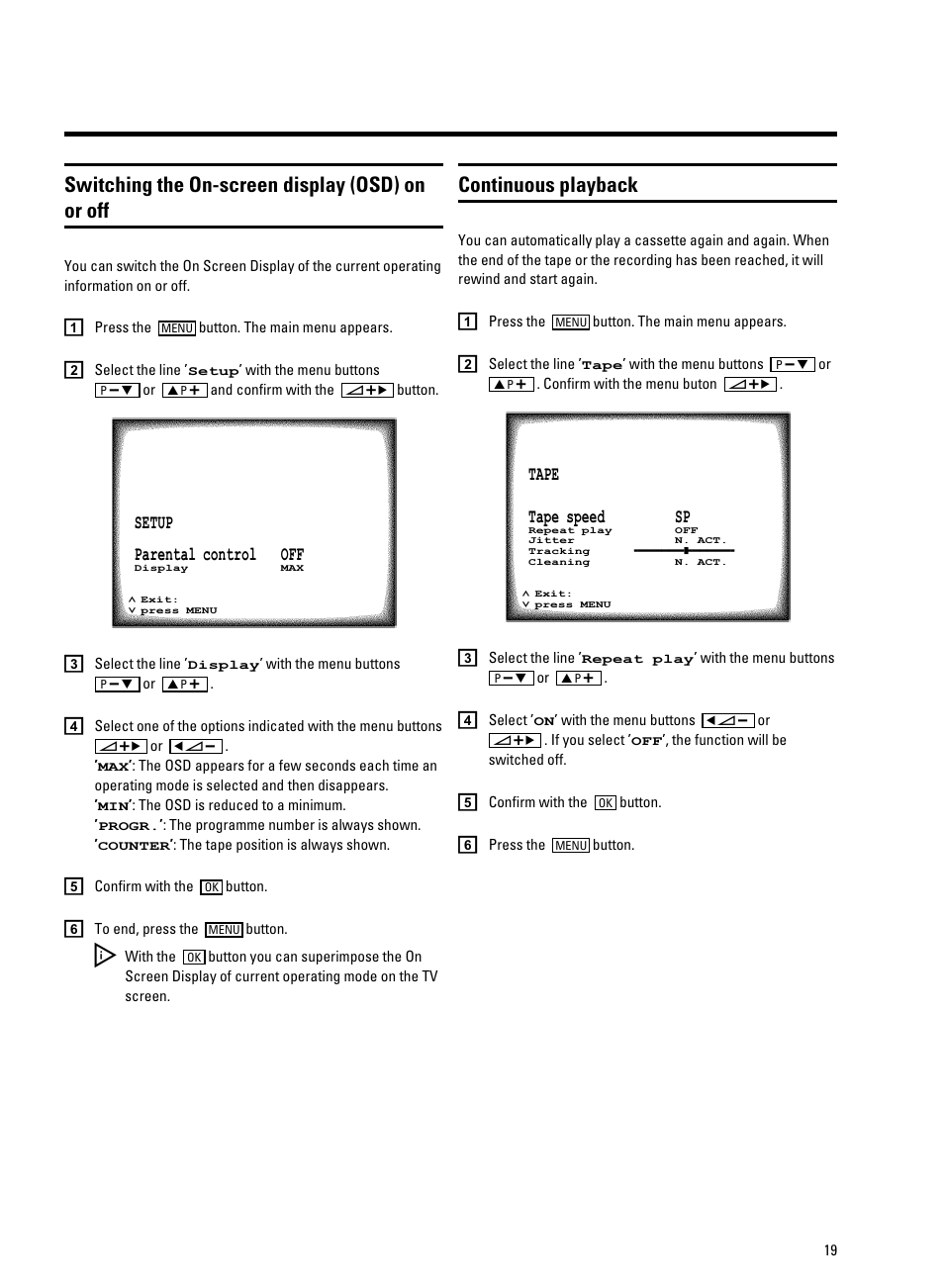 Switching the on-screen display (osd) on or off, Continuous playback | Philips 14PV207 User Manual | Page 21 / 24