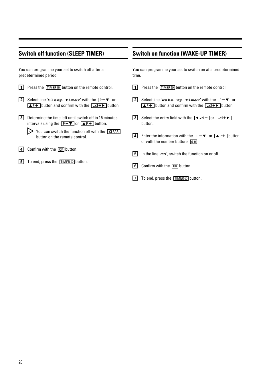 Switch off function (sleep timer), Switch on function (wake-up timer) | Philips 14PV207 User Manual | Page 22 / 24