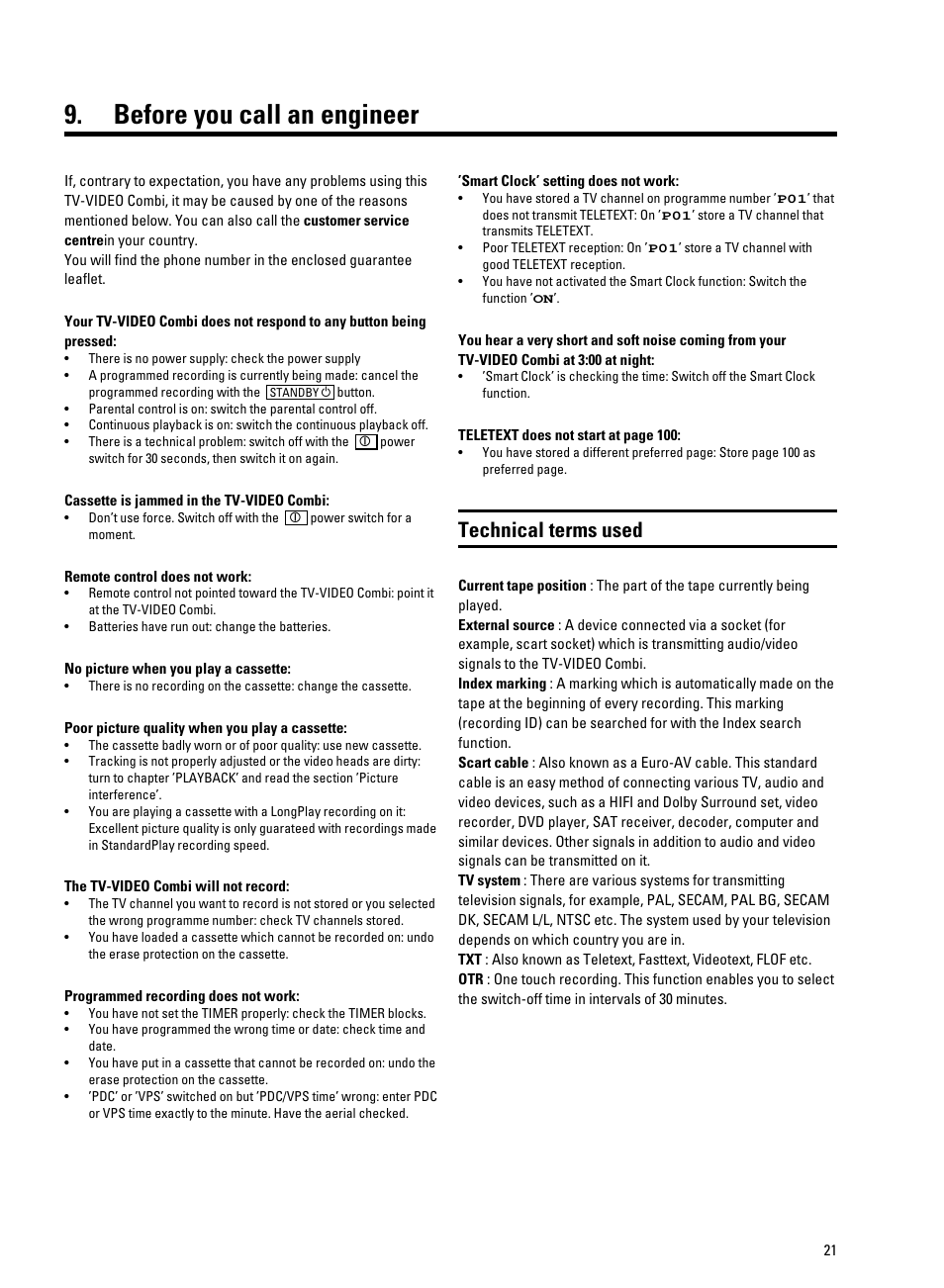 Before you call an engineer, Technical terms used | Philips 14PV207 User Manual | Page 23 / 24