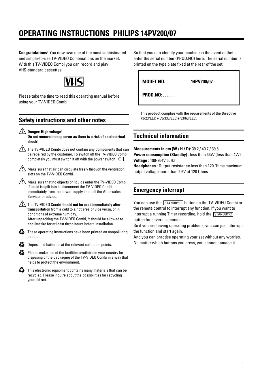 Technical information, Emergency interrupt | Philips 14PV207 User Manual | Page 4 / 24