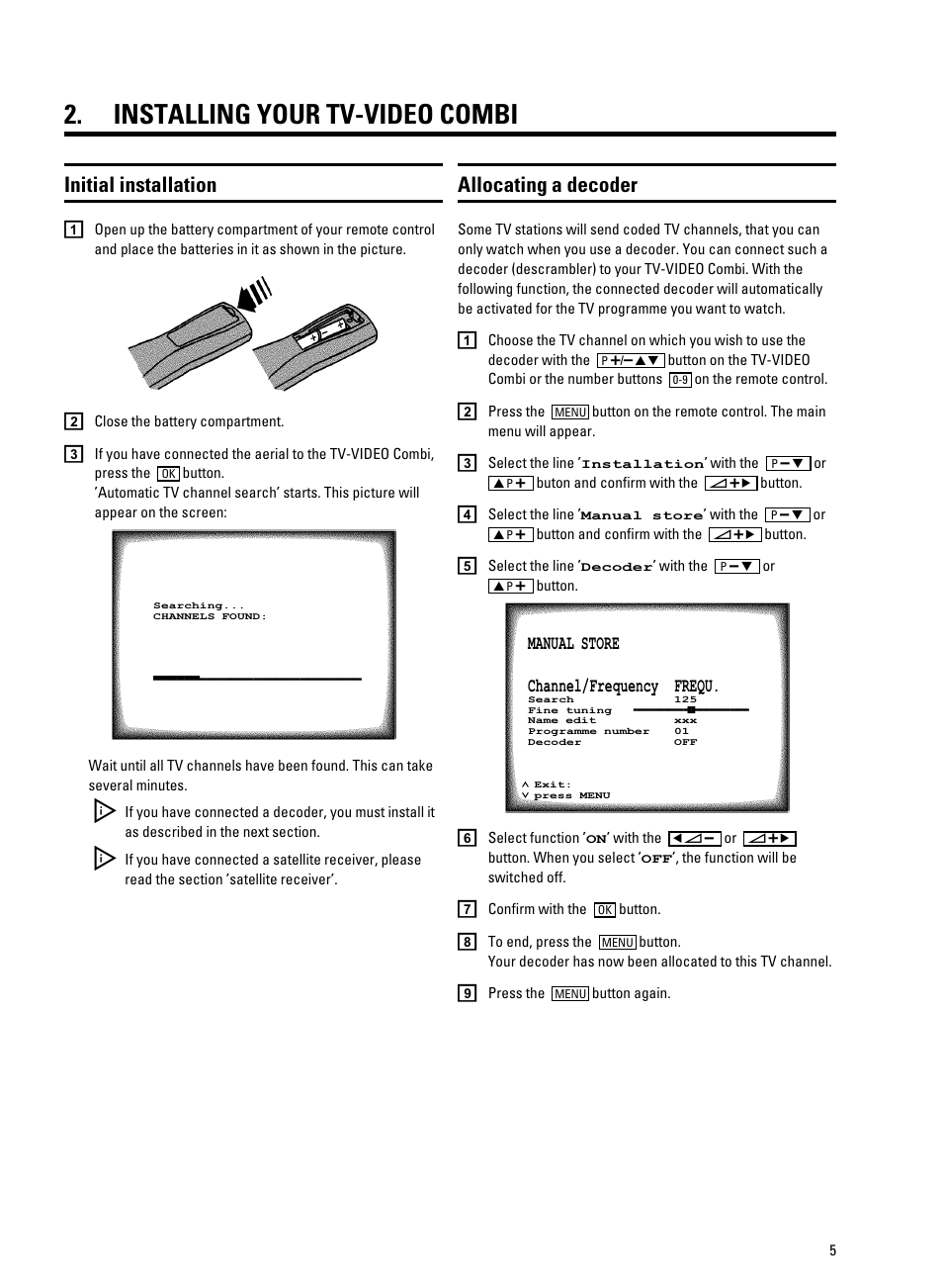 Installing your tv-video combi, Initial installation, Allocating a decoder | Philips 14PV207 User Manual | Page 7 / 24