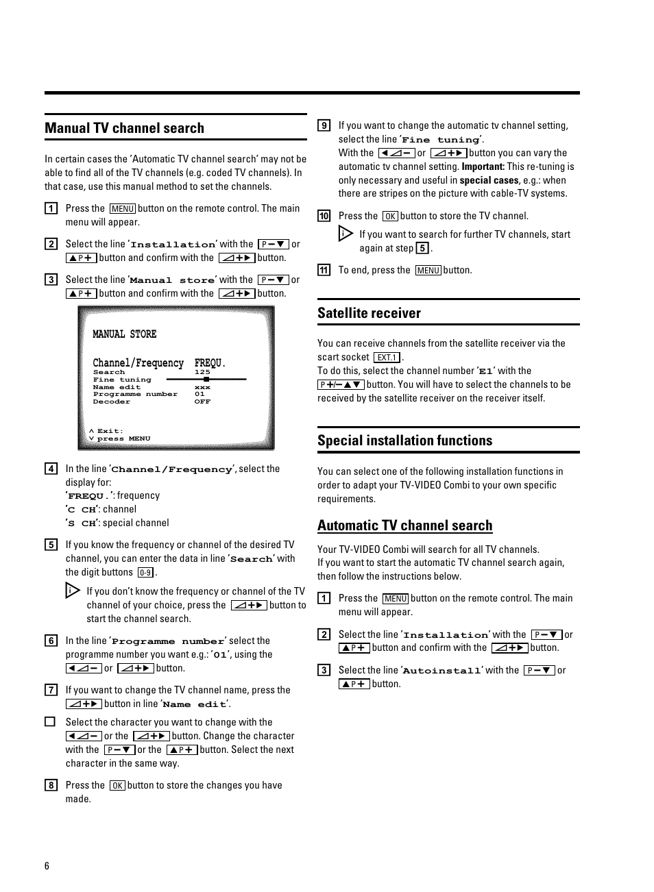 Manual tv channel search, Satellite receiver, Special installation functions | Automatic tv channel search | Philips 14PV207 User Manual | Page 8 / 24