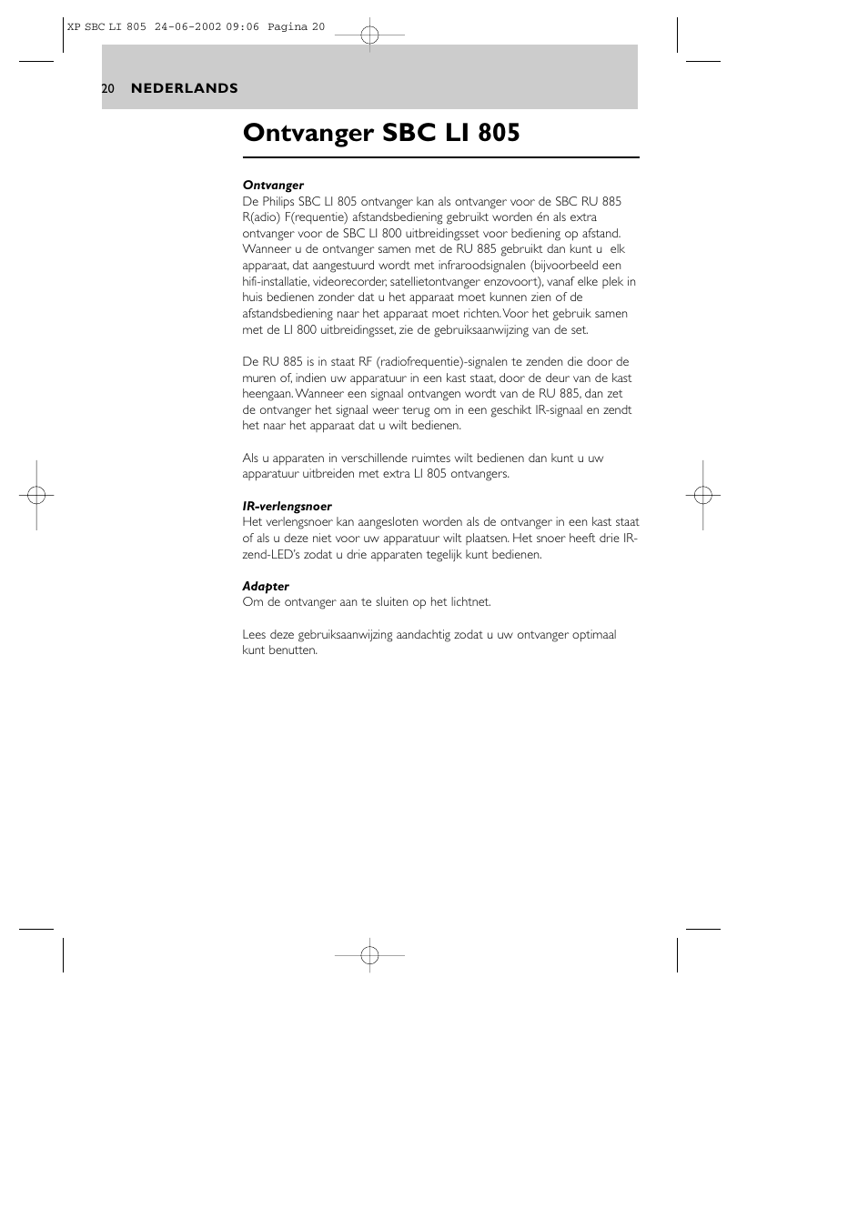 Ontvanger sbc li 805 | Philips SBCLI805 User Manual | Page 20 / 52