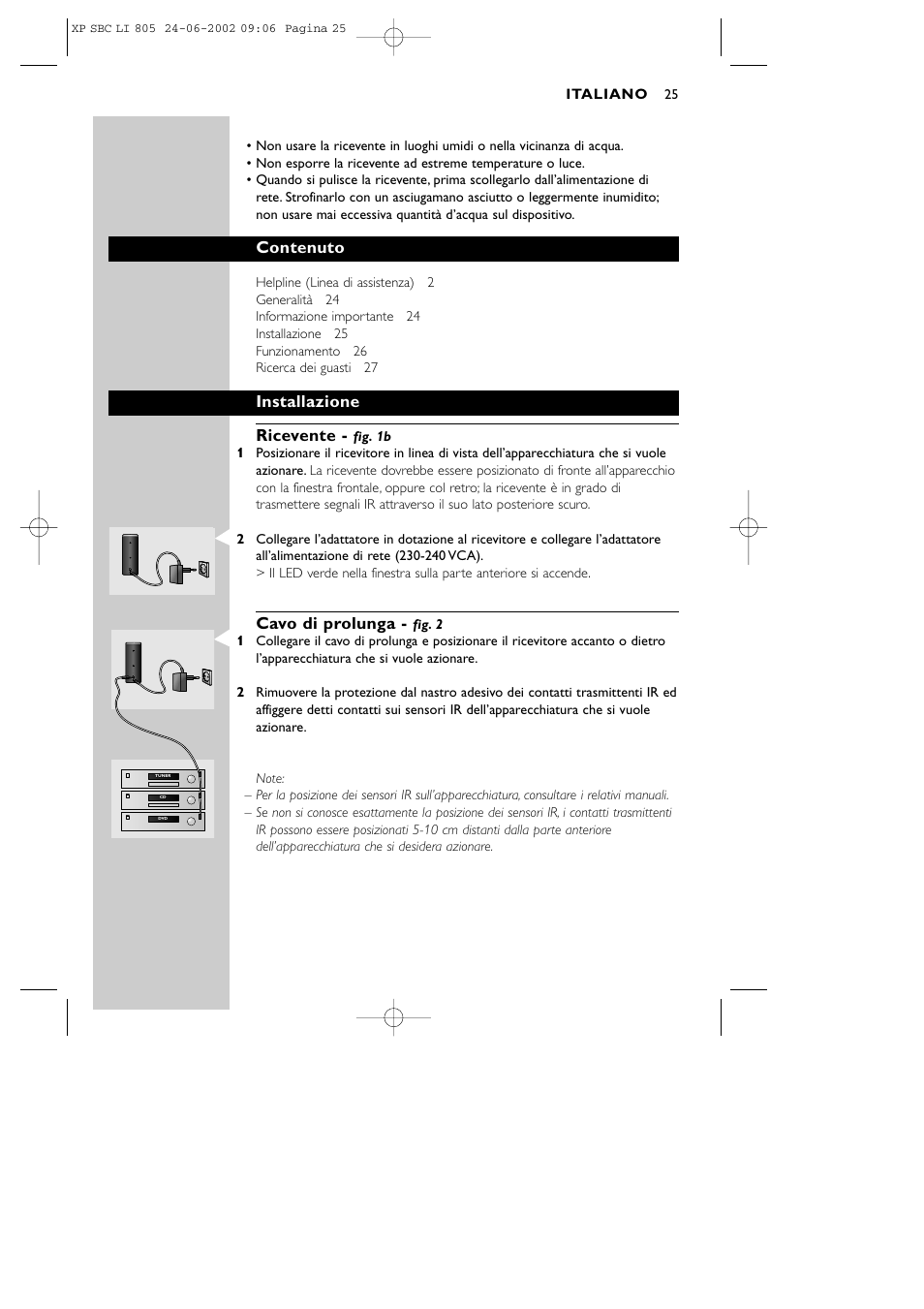 Contenuto, Installazione ricevente, Cavo di prolunga | Philips SBCLI805 User Manual | Page 25 / 52