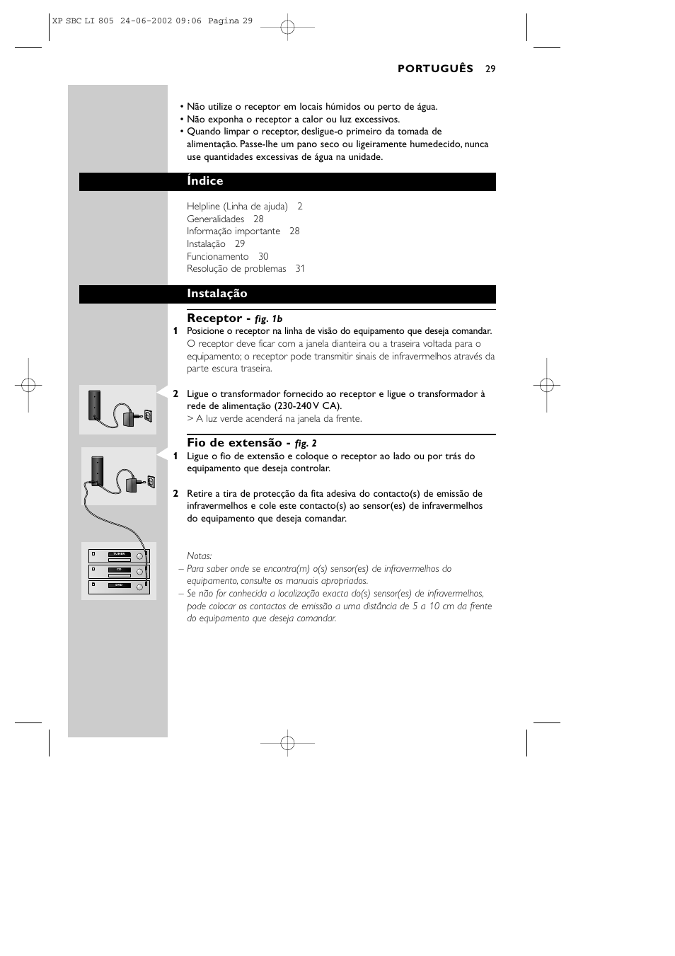 Índice, Instalação receptor, Fio de extensão | Philips SBCLI805 User Manual | Page 29 / 52