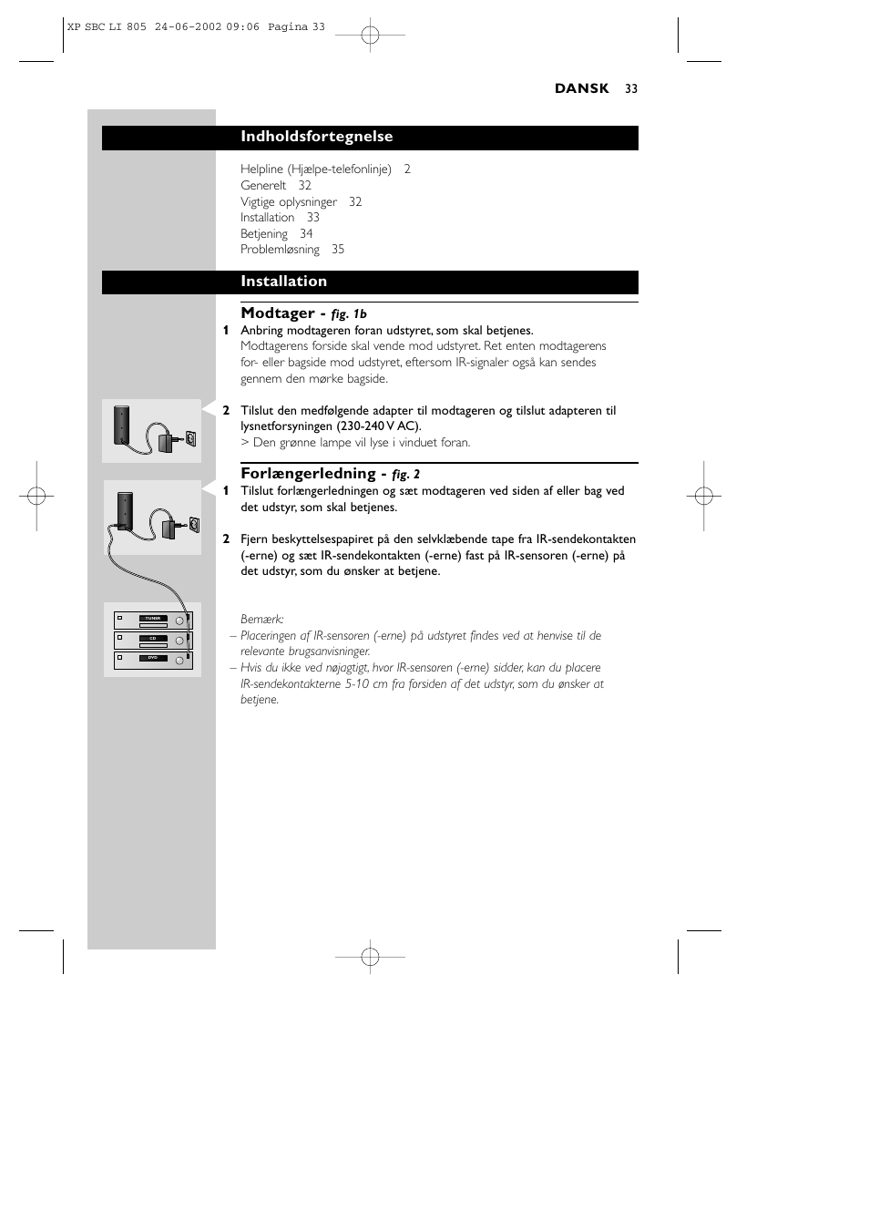 Indholdsfortegnelse, Installation modtager, Forlængerledning | Philips SBCLI805 User Manual | Page 33 / 52